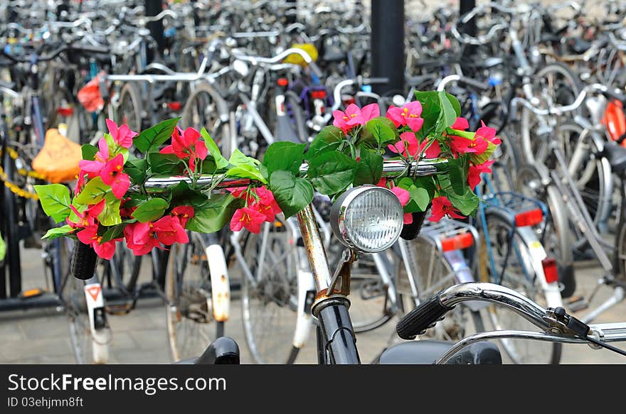 Group of bicycles on the train station in the city