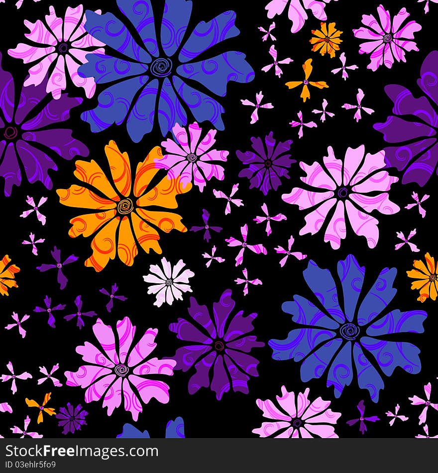 Floral seamless black pattern with blue and pink and yellow flowers