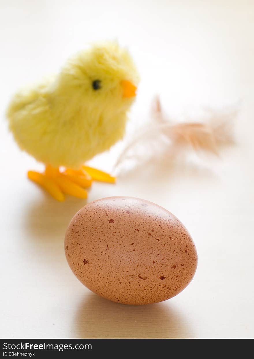 Ecological brown egg with chicken toy on background