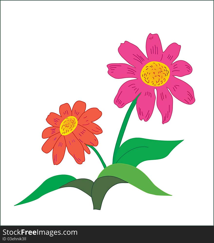 Background. Two multi-colored flowers with leaves