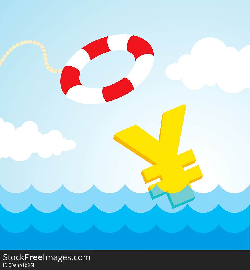 Sinking yen sign and the flying lifebuoy. Sinking yen sign and the flying lifebuoy