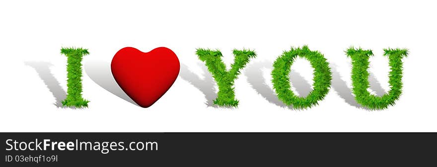 High resolution conceptual I love you text made of grass and a red heart