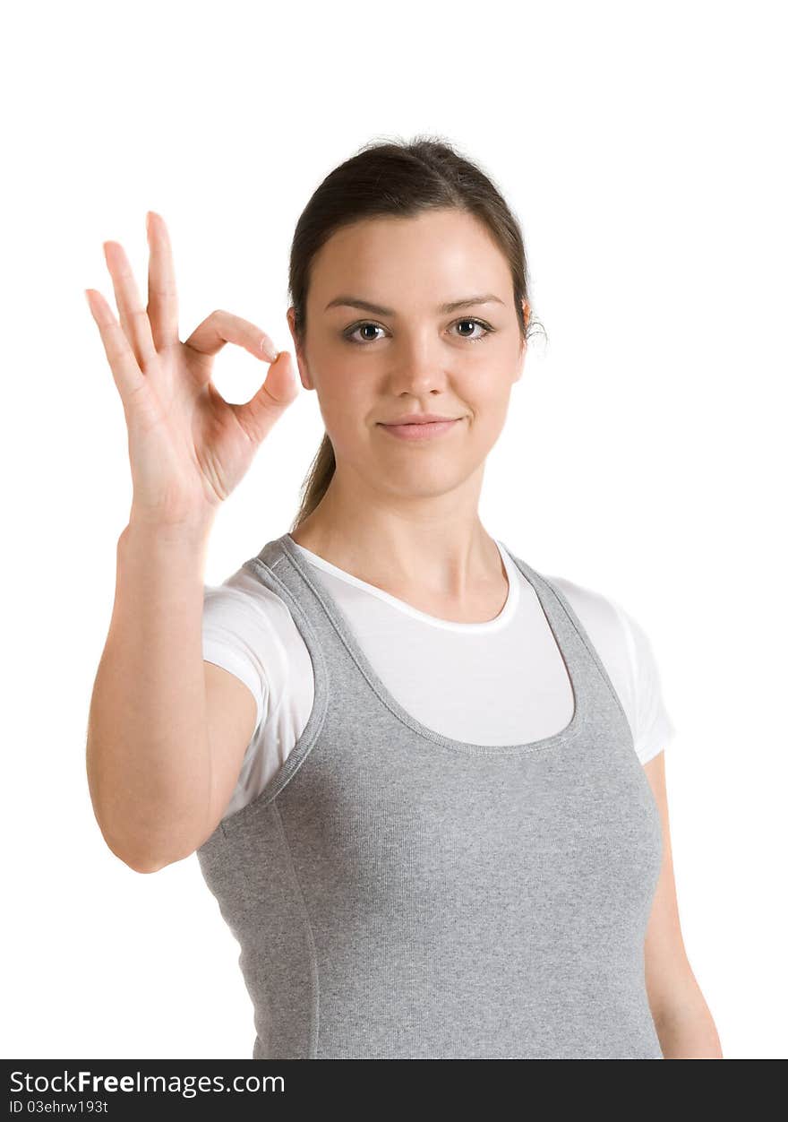 Caucasian girl shows gesture okay, isolated