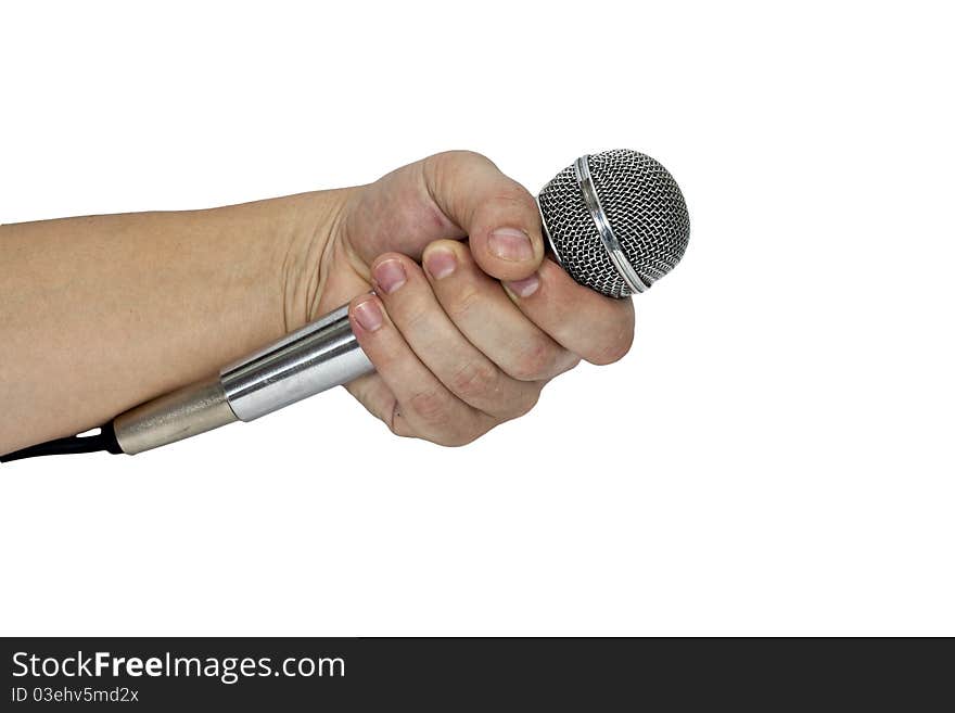 Microphone in hand isolated on white