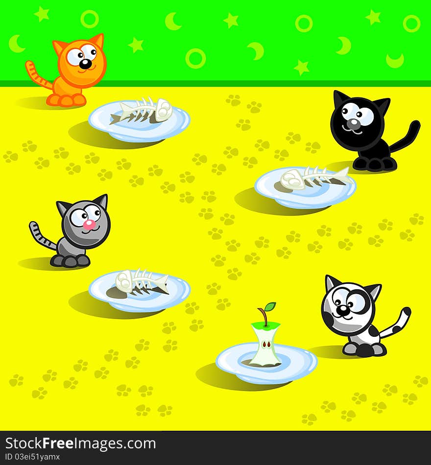 Four cats eating. Beside three fish bones. Beside other leftover bit an apple. Cartoon Vector scene. Humor. Four cats eating. Beside three fish bones. Beside other leftover bit an apple. Cartoon Vector scene. Humor.