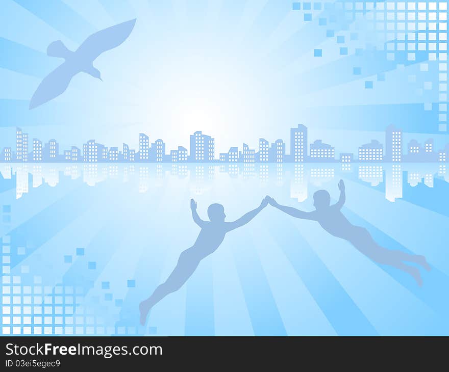 Background of blue color. On a line of horizon a city landscape. The two mans and a bird aspire there. Background of blue color. On a line of horizon a city landscape. The two mans and a bird aspire there.