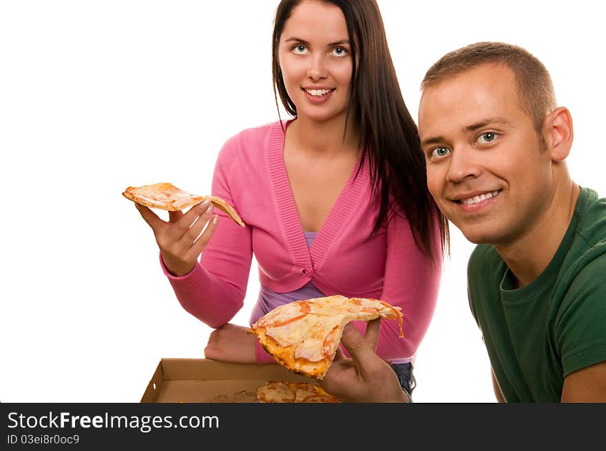 Happy Friends having fun and eating pizza