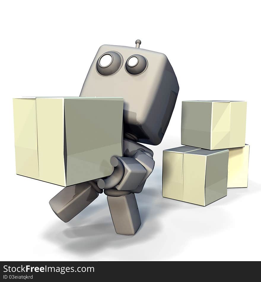 Funny Gray 3D Robot with blank crats isolated on white background. Funny Gray 3D Robot with blank crats isolated on white background