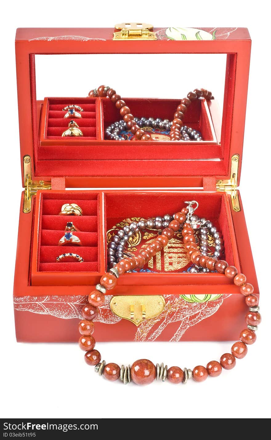 Red Chinese Jewelry Box with Rings and Necklaces