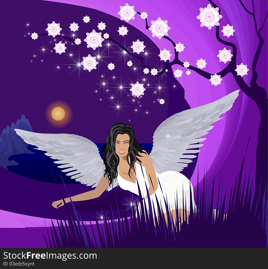 Angel and magic spring night. Angel and magic spring night