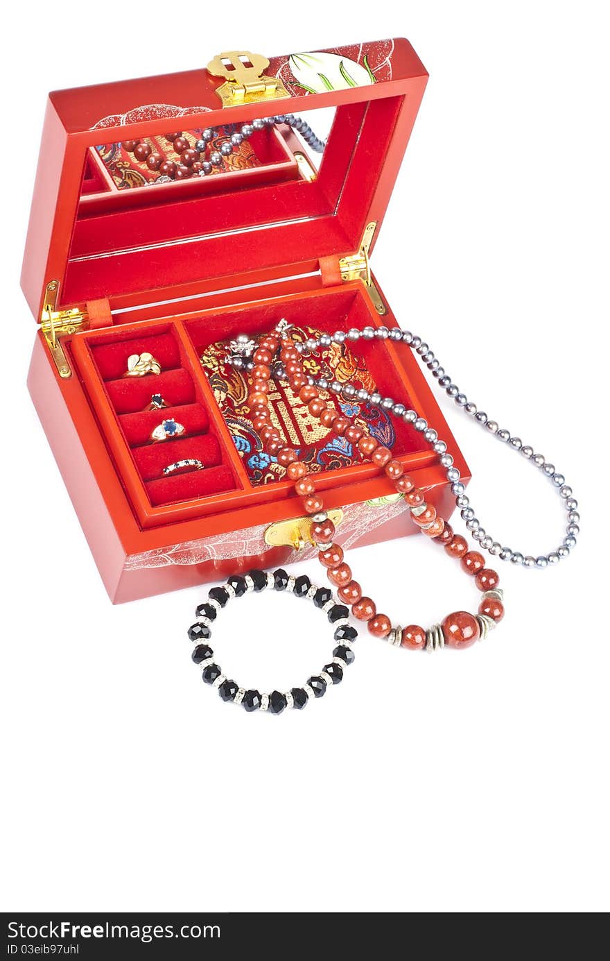 Red Chinese Jewelry Box With Rings And Necklaces