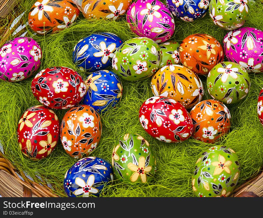 View colored eggs in the basket. View colored eggs in the basket