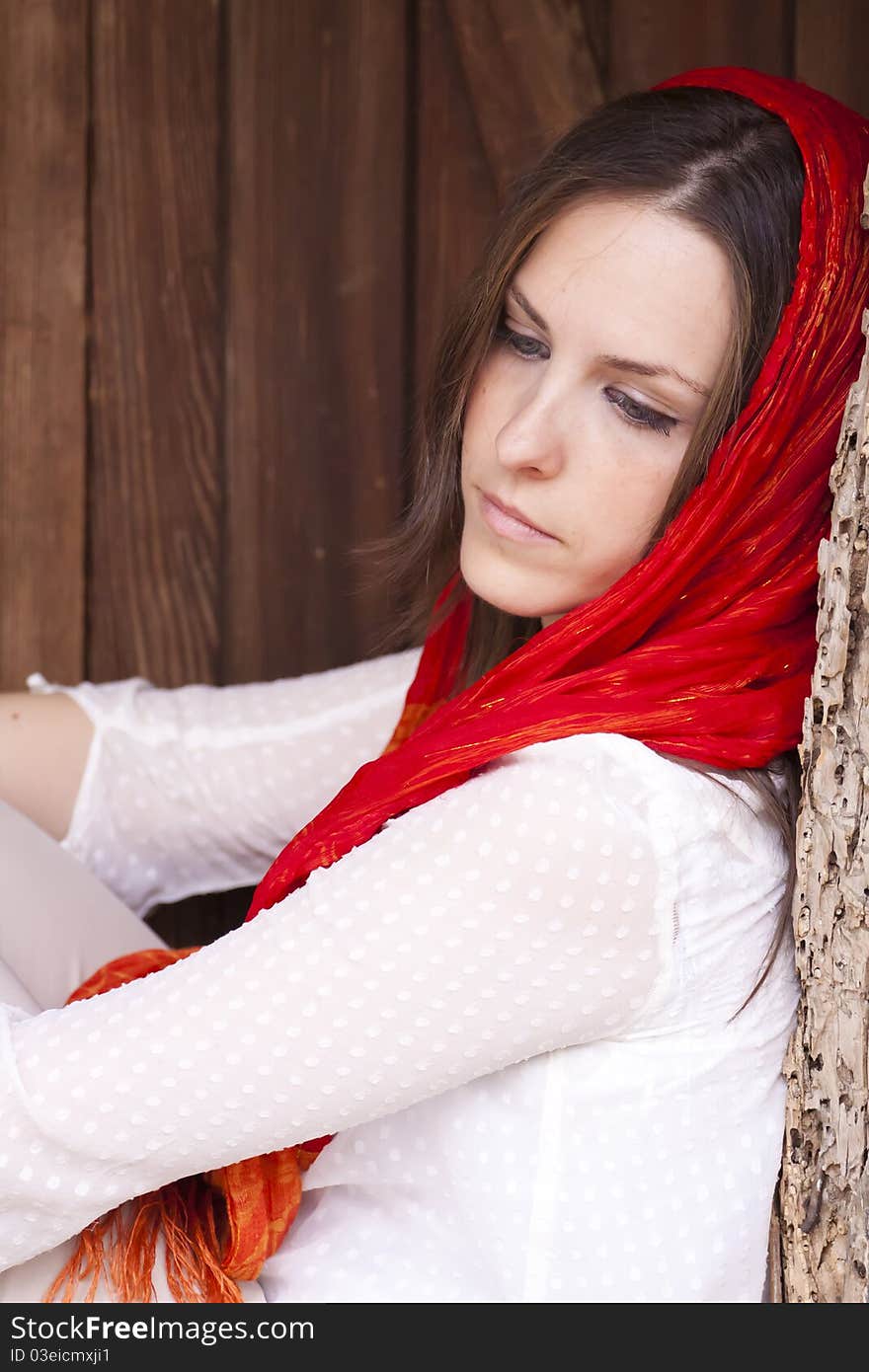 Young attractive woman portraited siting infront of the wooden doors. Young attractive woman portraited siting infront of the wooden doors.