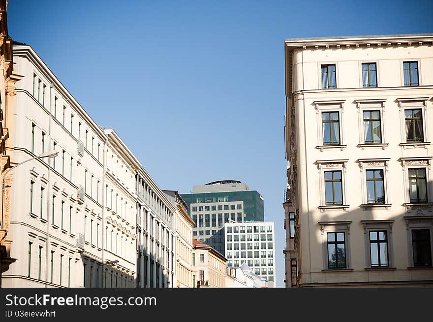 Viev at present Leipzig street with old and modern building in background. Viev at present Leipzig street with old and modern building in background