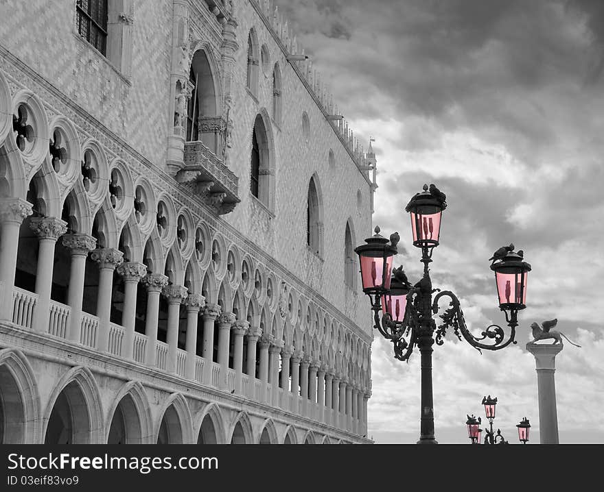 Pink lantern near to Doge's palace on the San Marco square in Venice, Italy. Pink lantern near to Doge's palace on the San Marco square in Venice, Italy.