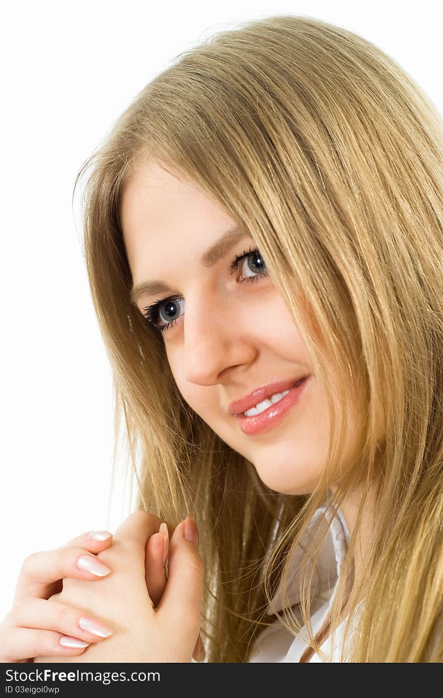 Pretty young girl on a white background. Pretty young girl on a white background