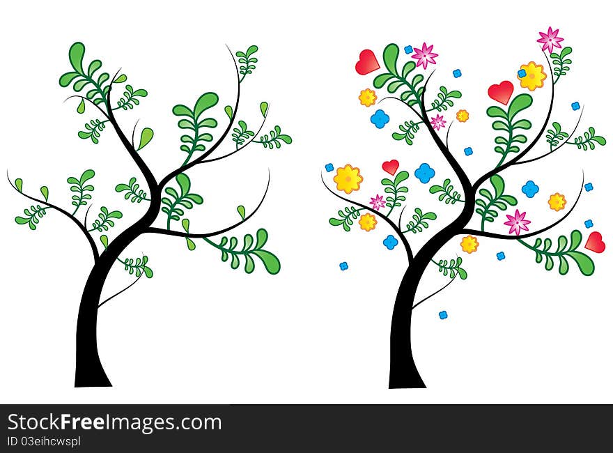 A illustration of a spring and summer tree, spring tree with a cool leaf design and summer tree with bright blooming colours.File is an EPS 8. A illustration of a spring and summer tree, spring tree with a cool leaf design and summer tree with bright blooming colours.File is an EPS 8.