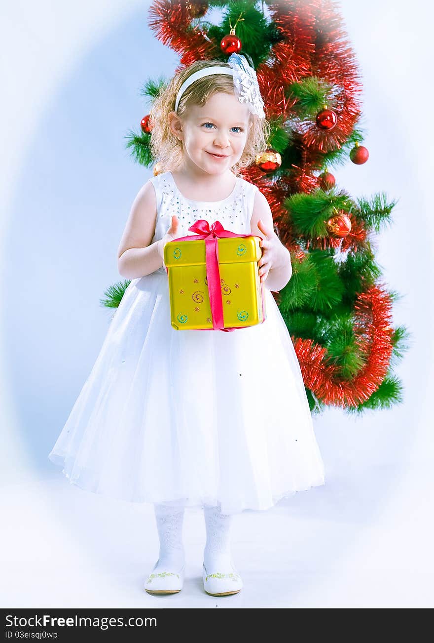 Cute girl wearing snowflake costume with gift