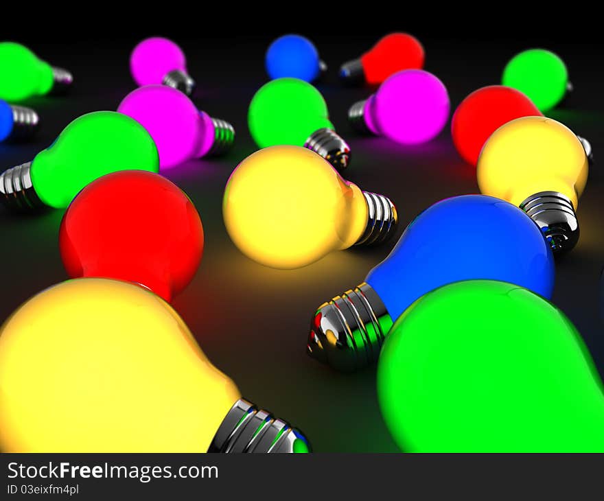 Abstract 3d illustration of many colorful light bulbs. Abstract 3d illustration of many colorful light bulbs