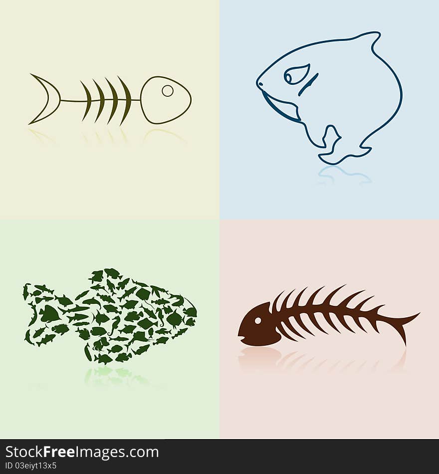 Set of silhouettes of fishes and bones. A  illustration. Set of silhouettes of fishes and bones. A  illustration