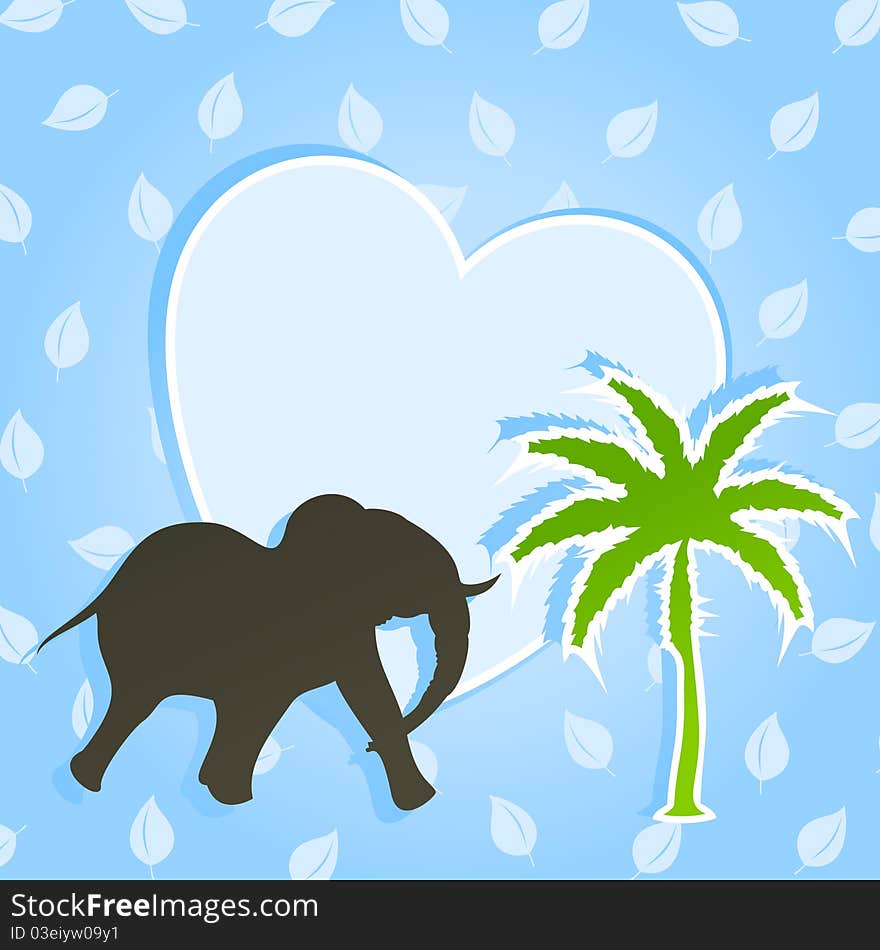 The elephant runs to a palm tree. A  illustration