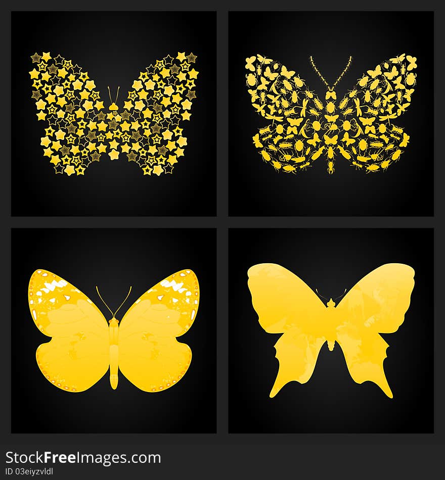 Four gold butterflies on a black background. A  illustration. Four gold butterflies on a black background. A  illustration