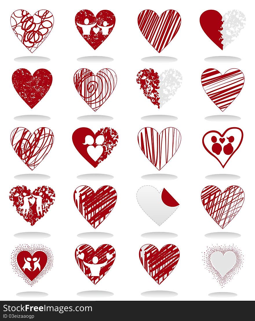 Set of icons of red hearts. A  illustration. Set of icons of red hearts. A  illustration