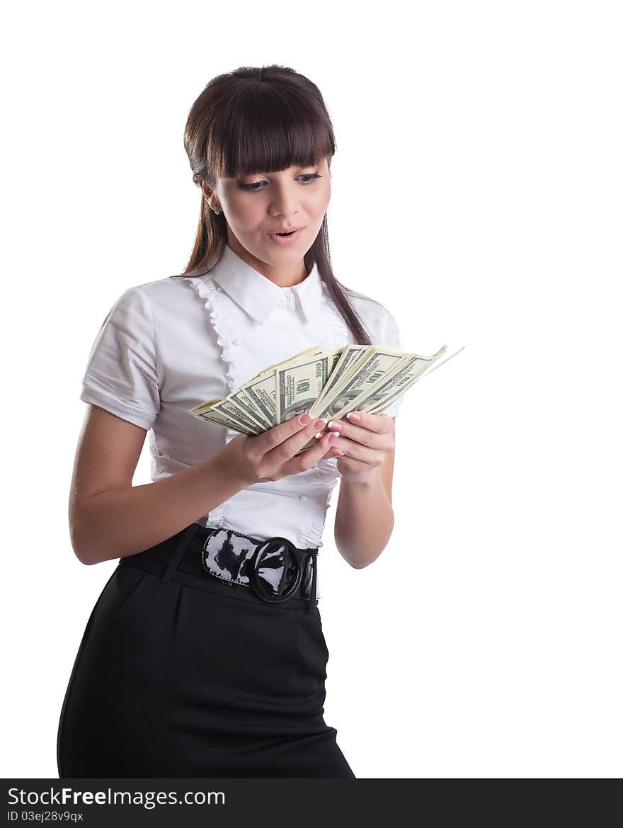 Beauty wonder business girl count dollars isolated. Beauty wonder business girl count dollars isolated