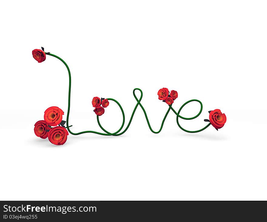 The word Love made with red roses and green vine, high resolution CGI render with soft shadows and studio flat lighting. The word Love made with red roses and green vine, high resolution CGI render with soft shadows and studio flat lighting.