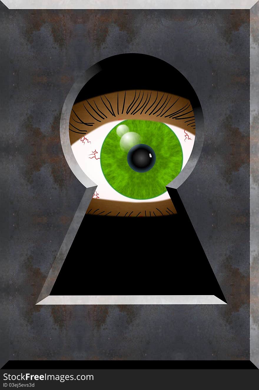 An illustration of an green eye looking through a keyhole. An illustration of an green eye looking through a keyhole.