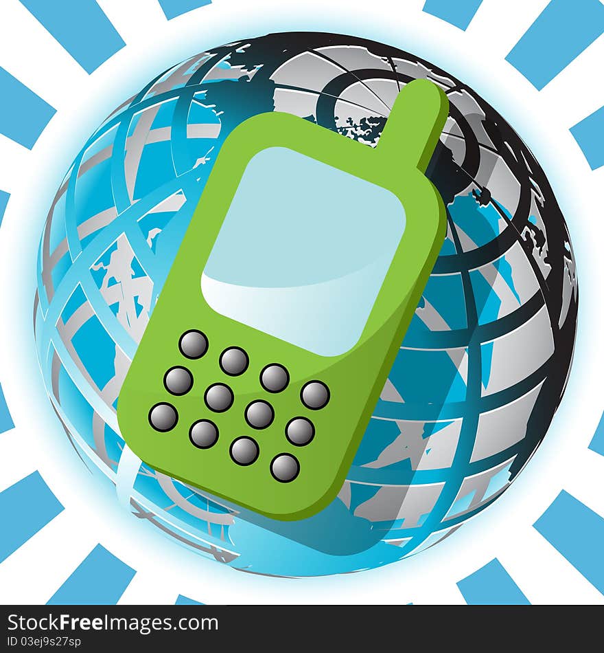 Illustration, cellular telephone on background of the globe