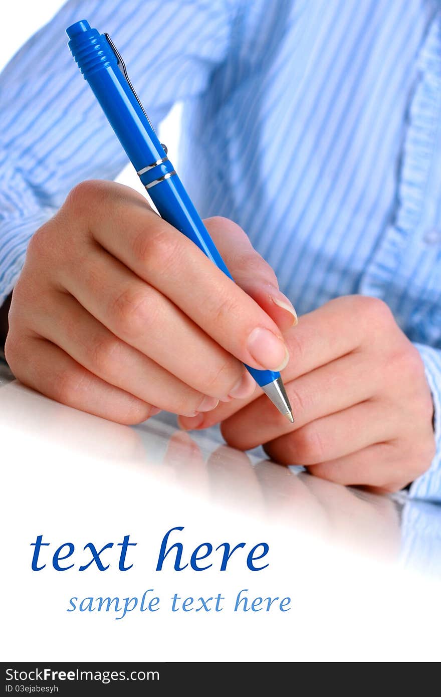 Close up of human hand with blue pen. Close up of human hand with blue pen.