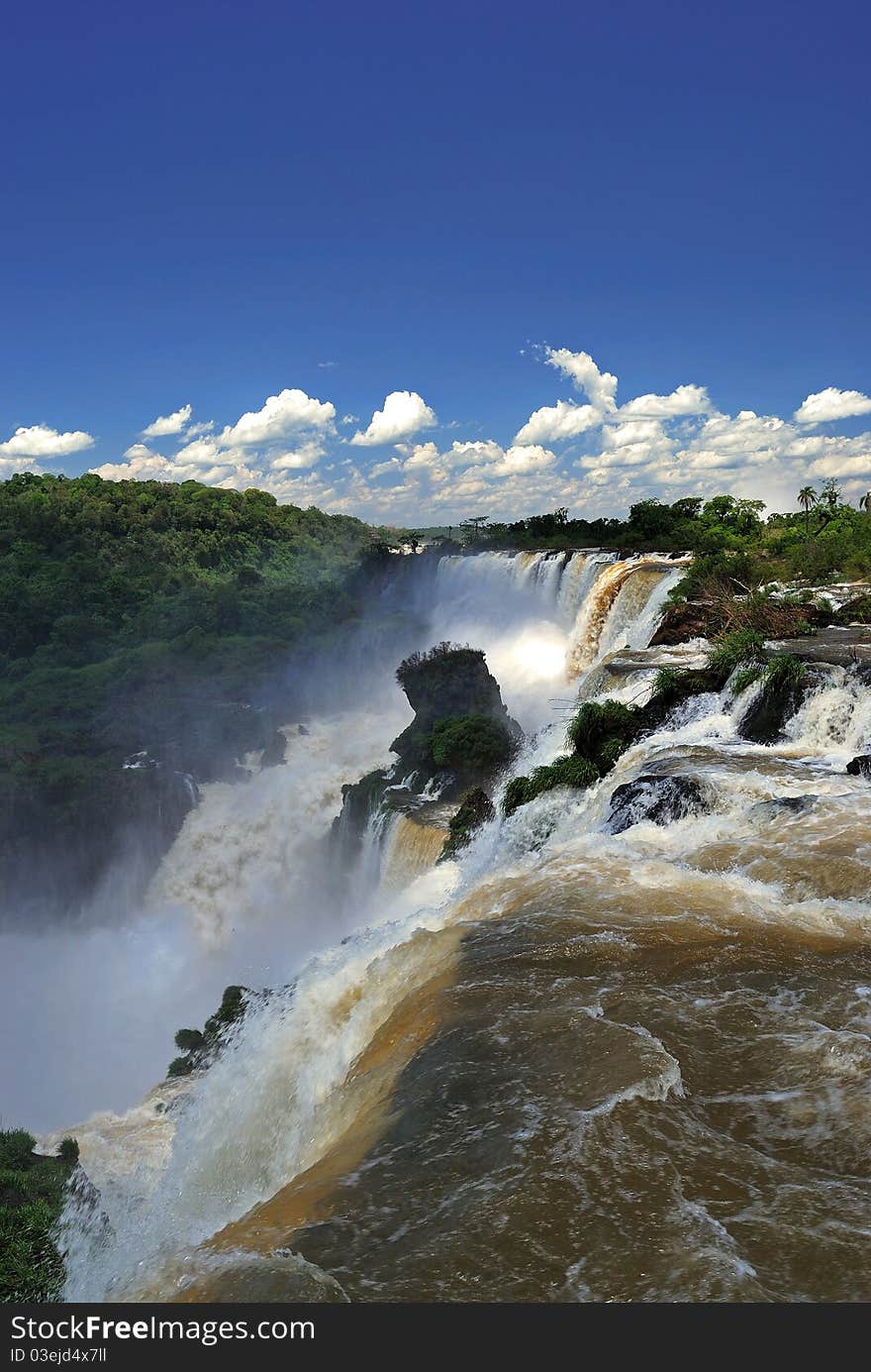 View of one of the waterfalls of the Iguazu River passing through Brazil. View of one of the waterfalls of the Iguazu River passing through Brazil.