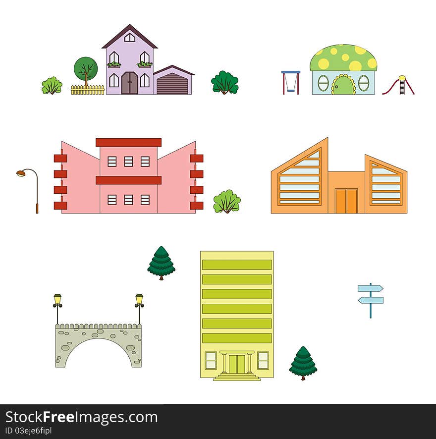 Colorful isolated buildings on white background. Colorful isolated buildings on white background