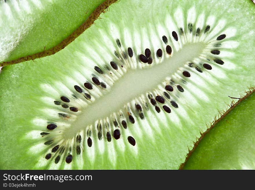 Back projected kiwi slice. Macro shot of fruit structure.