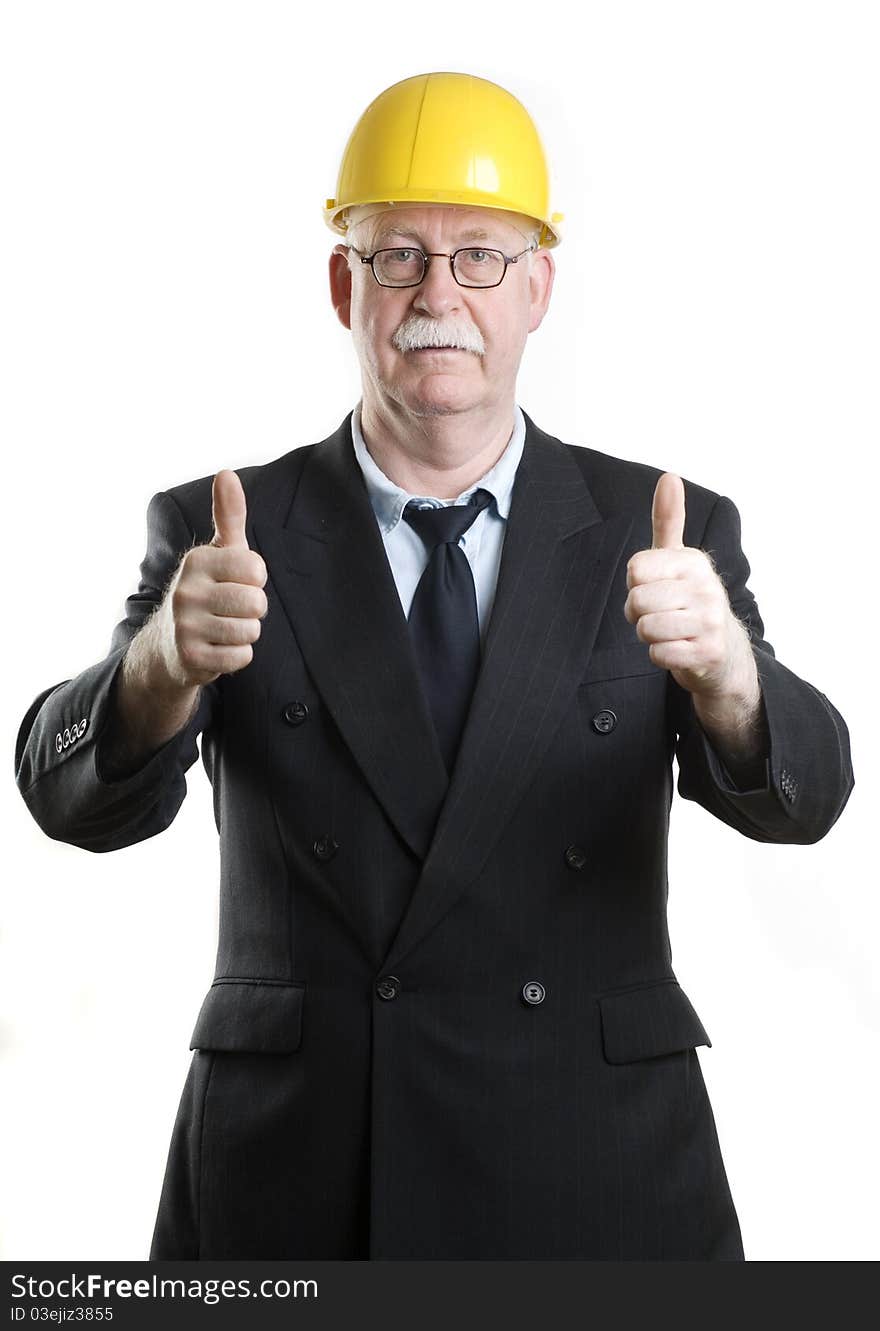 Business person with hardhat giving thumbs up