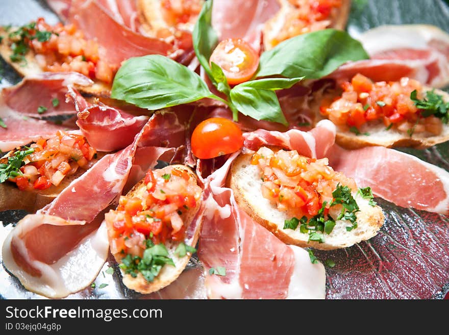 Bruschetta on a glass plate