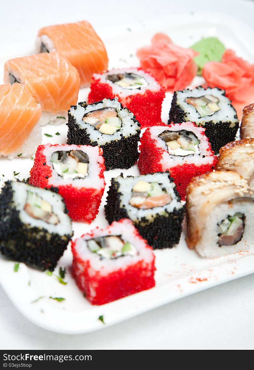 Traditional sushi on the white plate