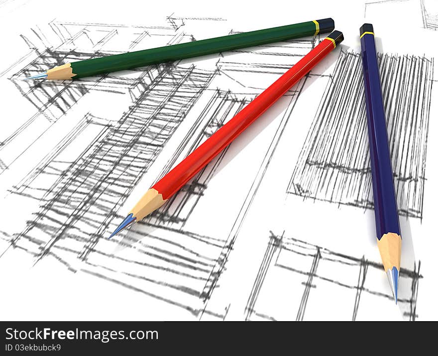 Three-dimensional model of pencils lying on sketch. Three-dimensional model of pencils lying on sketch