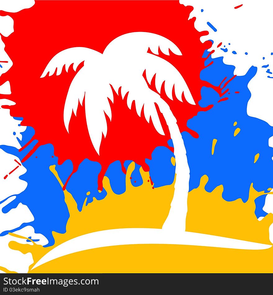 Stylized bright illustration of  coconut tree with abstract images of sun, sea and sand