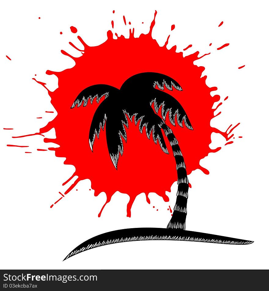 Stylized contrast illustration of coconut tree with abstract images of sun