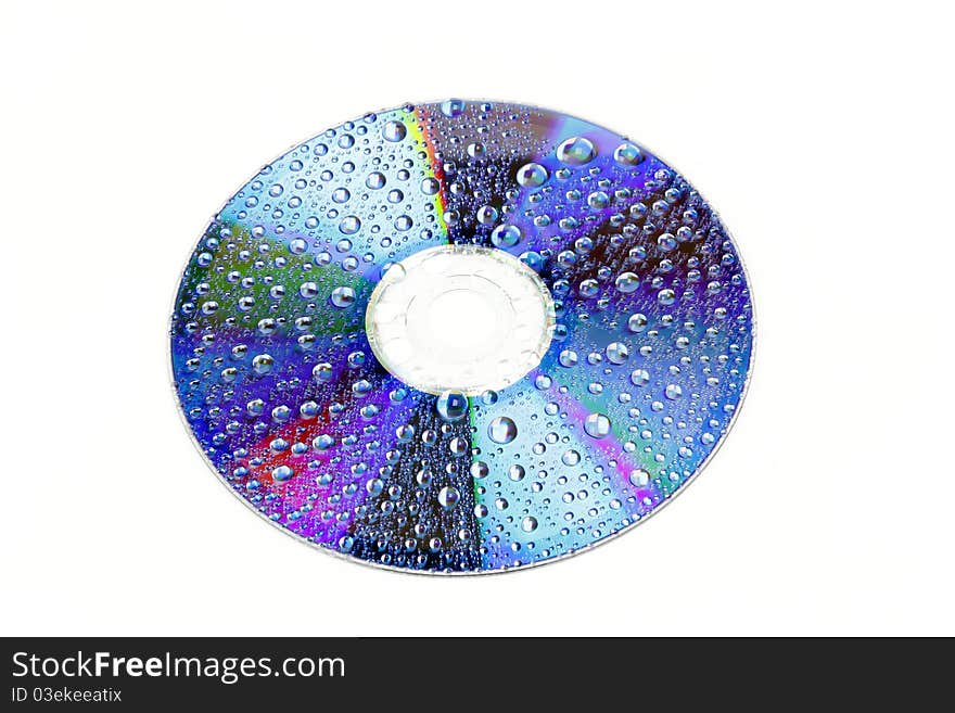 CD disc with water droplets on a white background