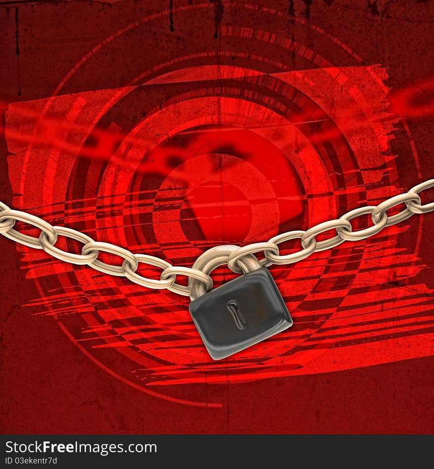 Chains and lock over red vintage background. Chains and lock over red vintage background