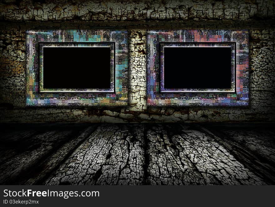 A dark, grunge textured wall and floor background with frames on the wall. A dark, grunge textured wall and floor background with frames on the wall