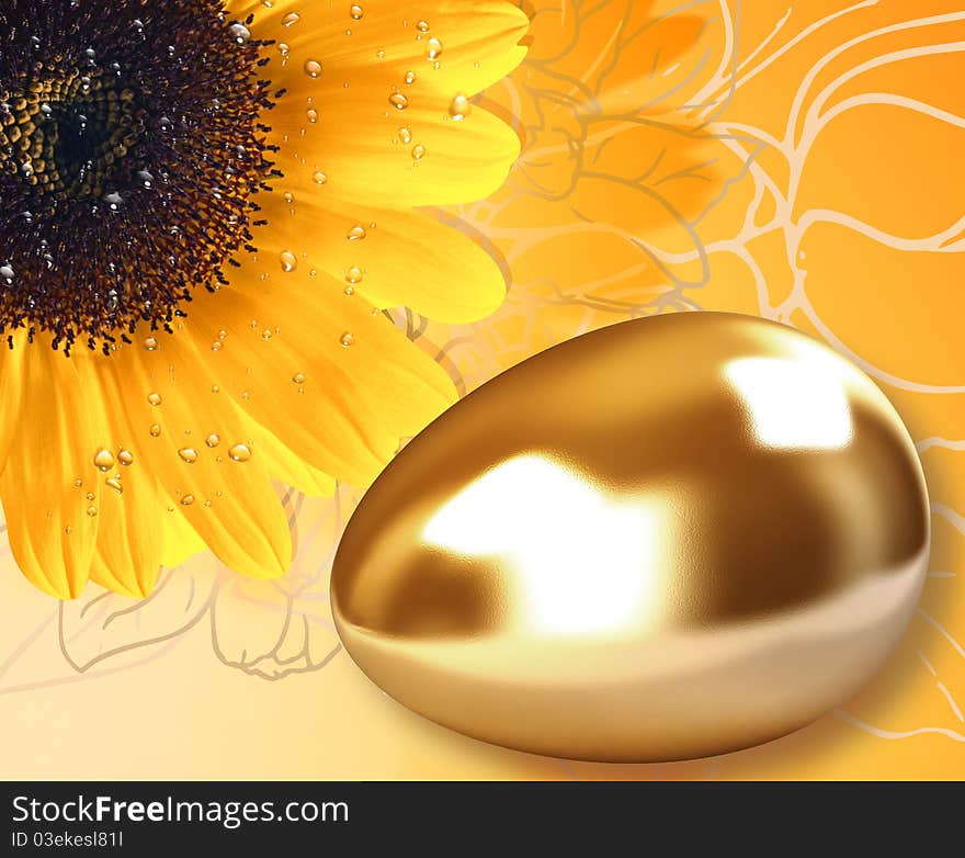 Gold egg and sunflower background