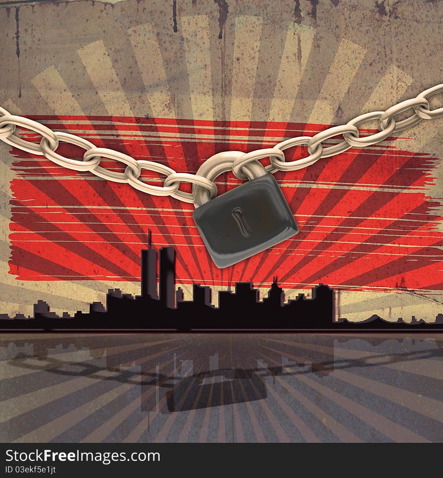 Cityscape Background With Chains And Lock