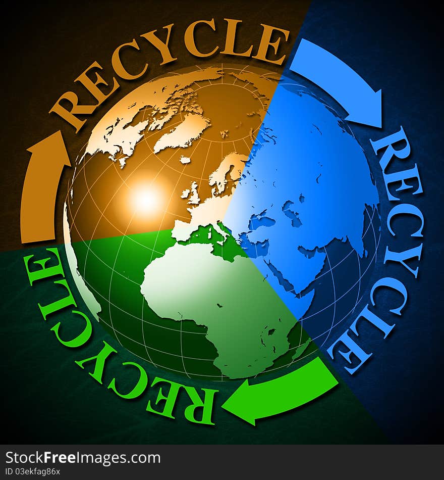 3D Earth globe divided in color and written recycle. 3D Earth globe divided in color and written recycle