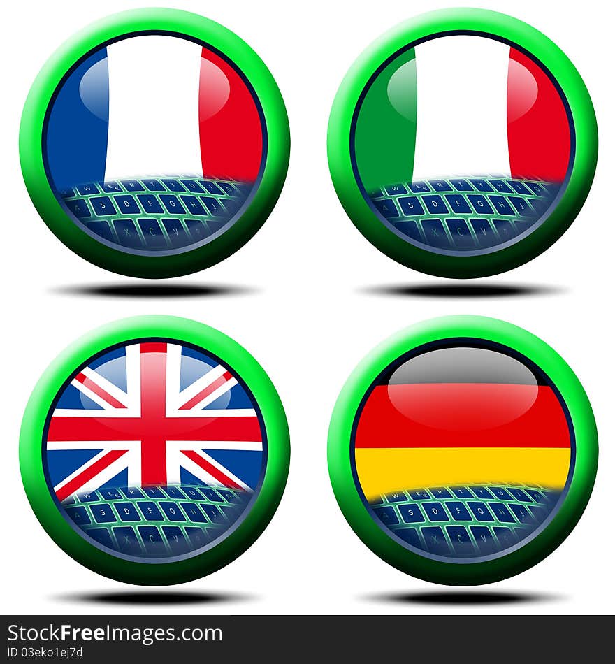 4 European flags inserted into an icon with the computer keyboard, Italy, France, England and Germany