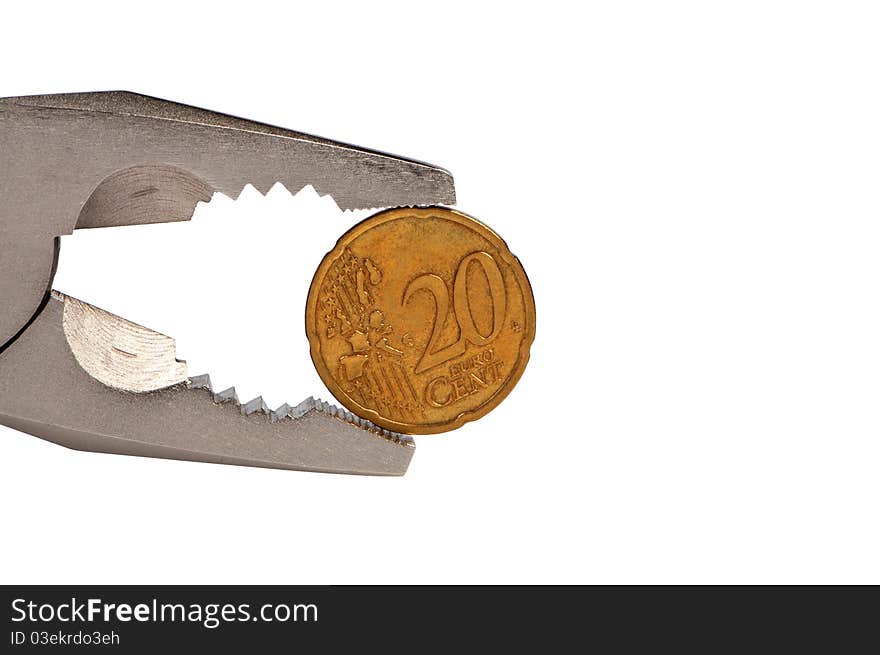 Flat-nose pliers and coin isolated.