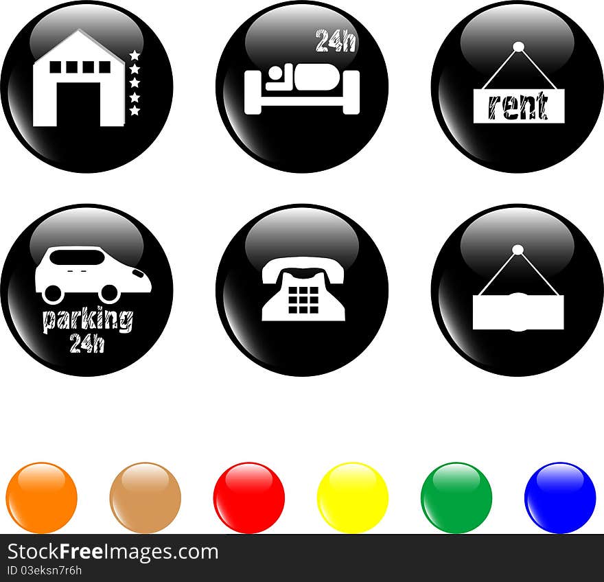 Set of hotel and motel objects icons on black buttons